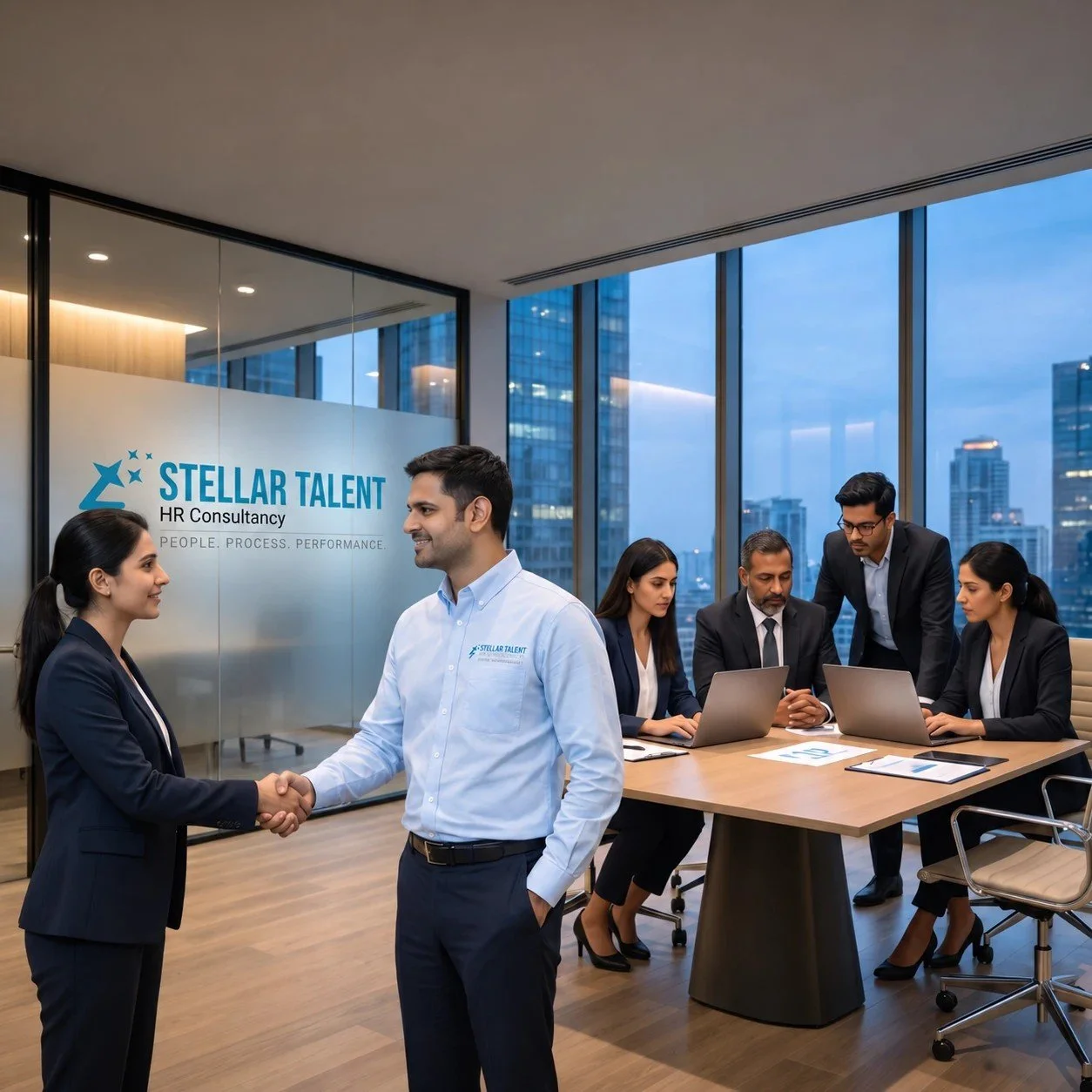 Office scene with a handshake in the foreground and a team discussing work at a table