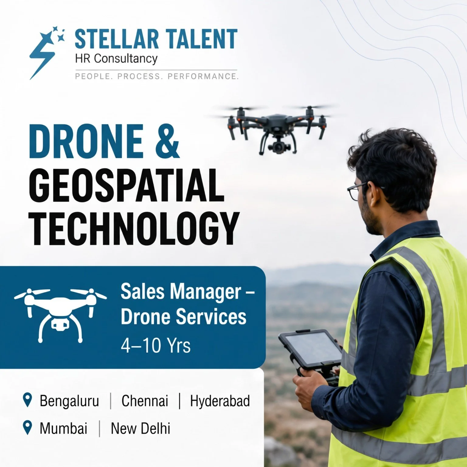 Stellar Talent HR Consultancy Drone & Geospatial Technology advert for a Sales Manager — Drone Services, showing a drone operator in safety clothing.