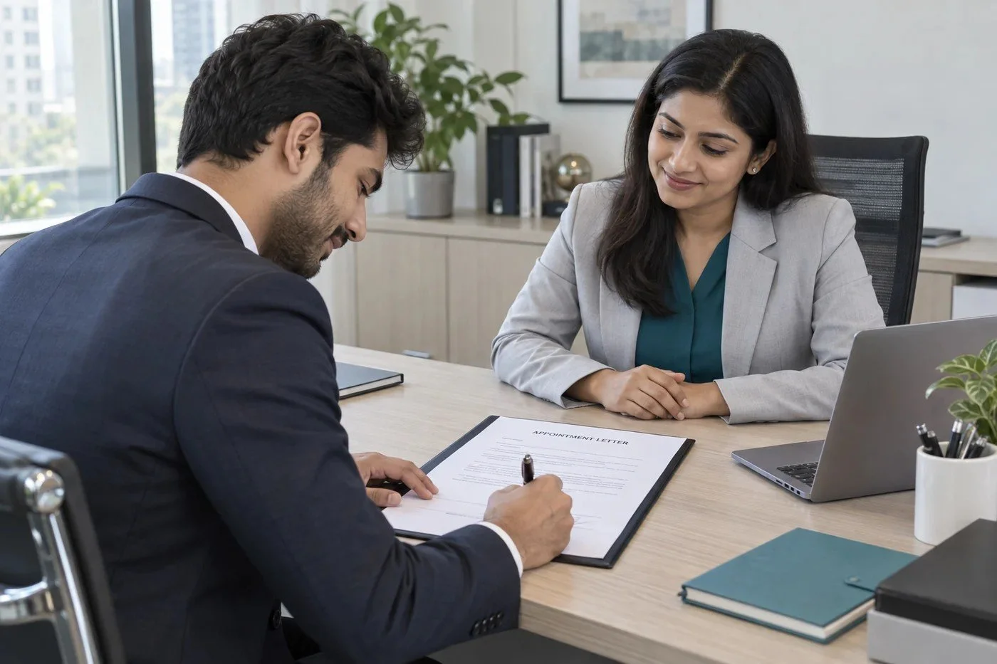 Illustrative photograph of an Indian professional signing an appointment letter with an HR manager, with employment documents arranged on the desk