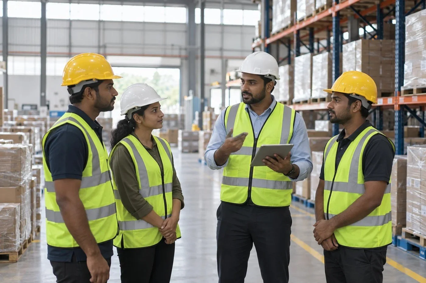 Illustrative photograph of a logistics supervisor coordinating a team in a distribution centre
