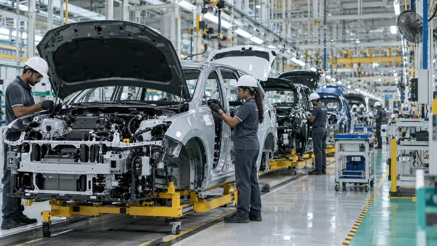 Illustrative wide photograph of a modern passenger-car assembly line with vehicles and Indian engineers