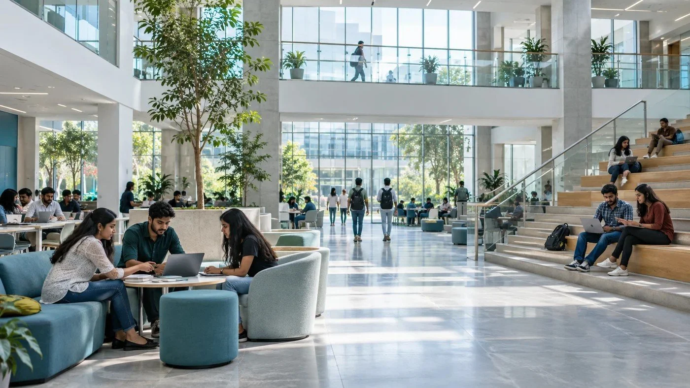 Illustrative photograph of a contemporary educational campus atrium with open learning spaces and students in the background
