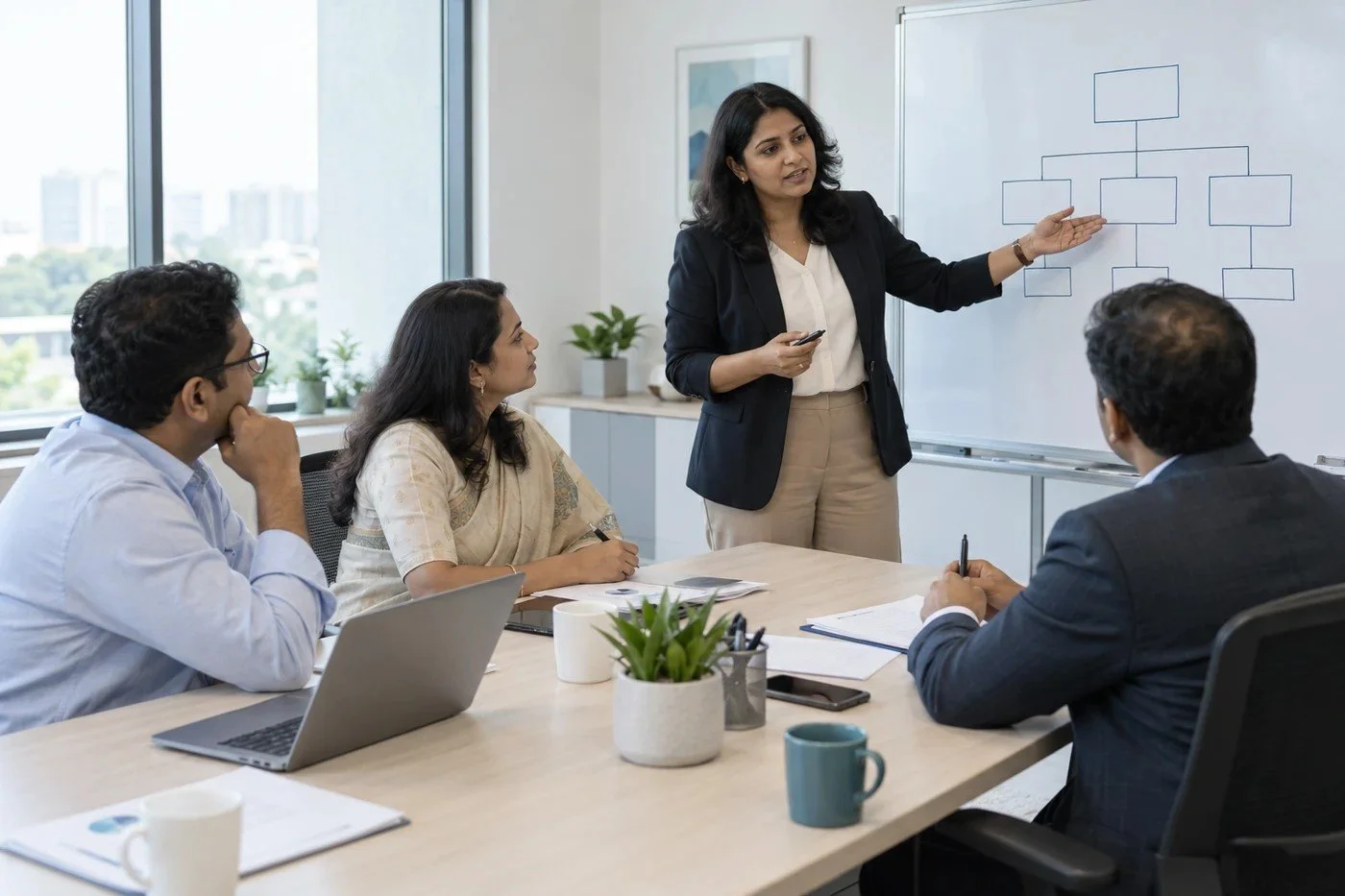 Illustrative photograph of an Indian HR consultant facilitating an organisation-design workshop with a small leadership team and a simple structure chart on a whiteboard