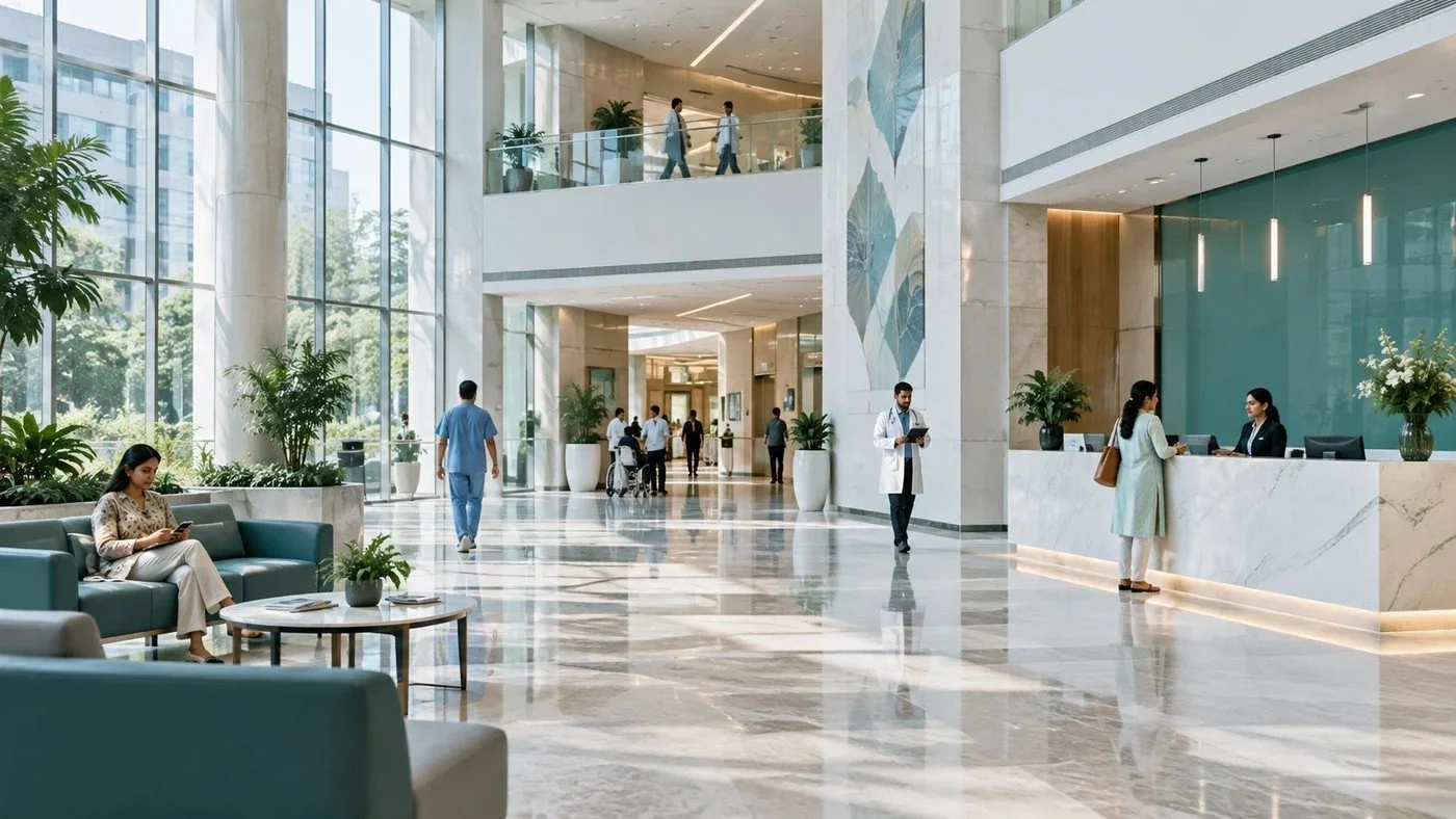 Illustrative photograph of a contemporary hospital atrium with soft daylight