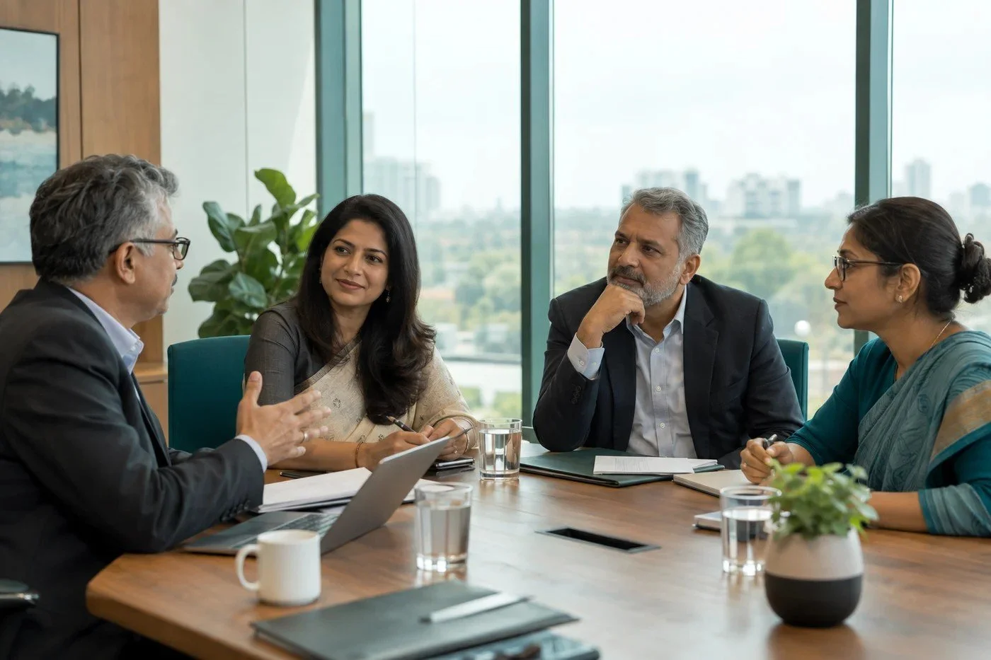 Illustrative photograph of senior Indian business leaders in a boardroom discussion