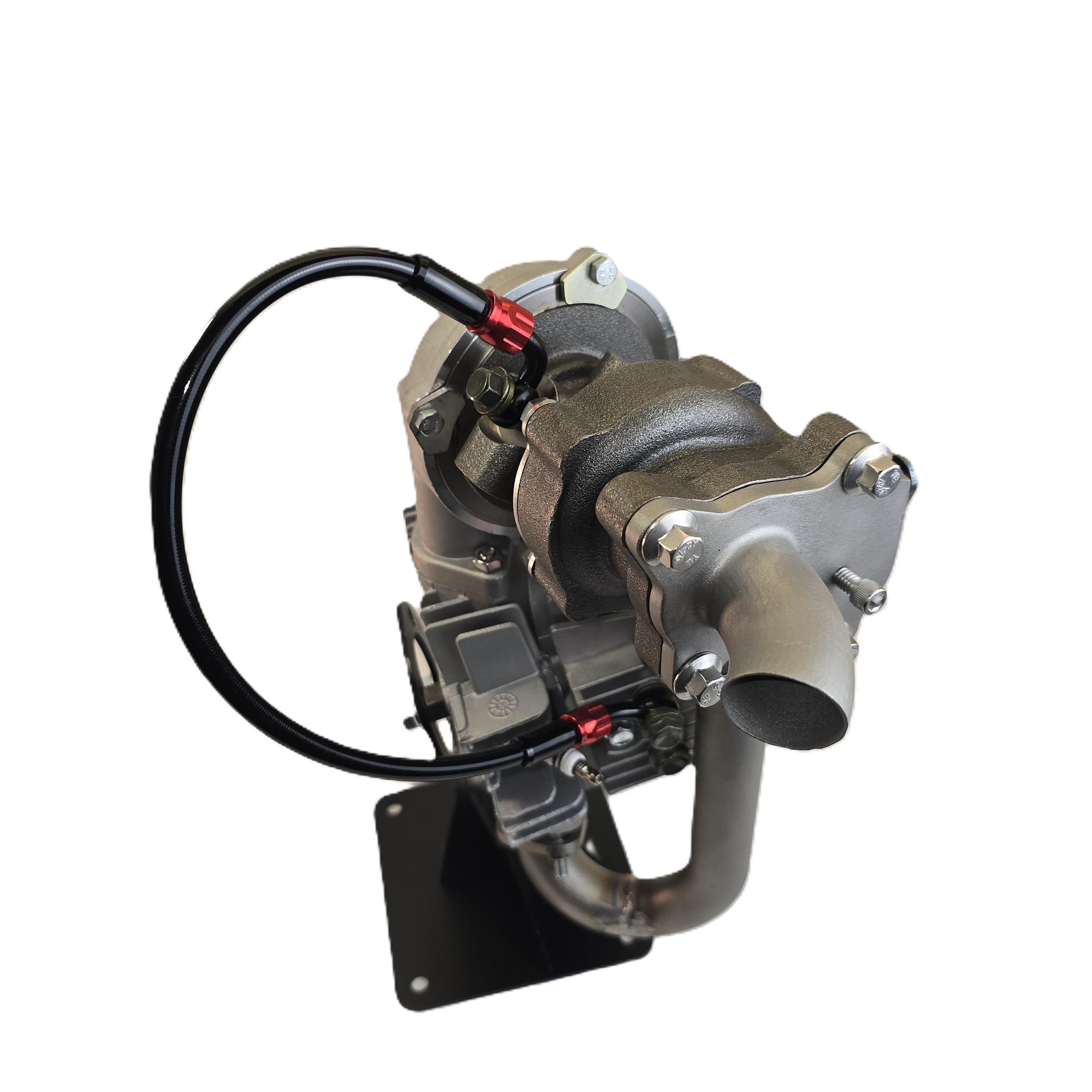 Turbo oil supply, stubby downpipe and wastegate bypass screw detail