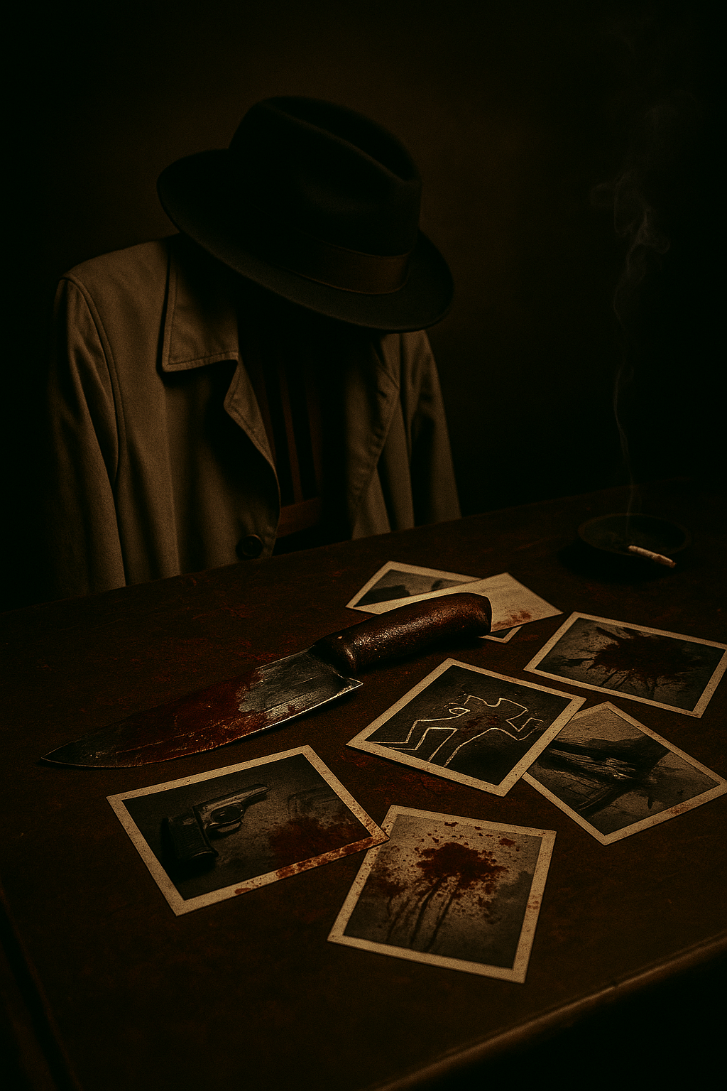 A detective in a trench coat and hat sits at a desk with a bloody knife and case photos