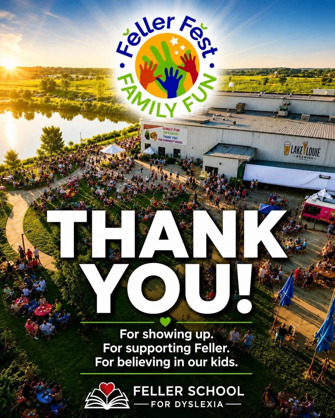 Feller Fest thank-you graphic showing a festival crowd at Lake Louie Brewing. Thank you for showing up, for supporting Feller, and for believing in our kids.