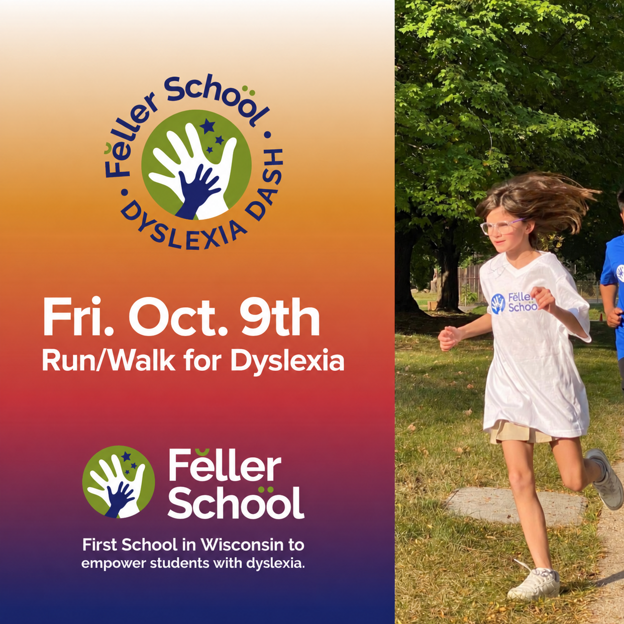 Feller School Dyslexia Dash flyer: Friday, October 9, Run/Walk for Dyslexia, alongside a photo of a child running.