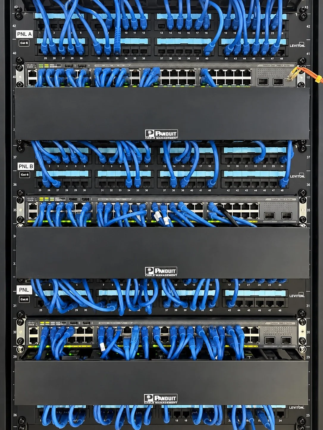 Network rack with blue patch cables, Leviton patch panels, and Panduit cable management
