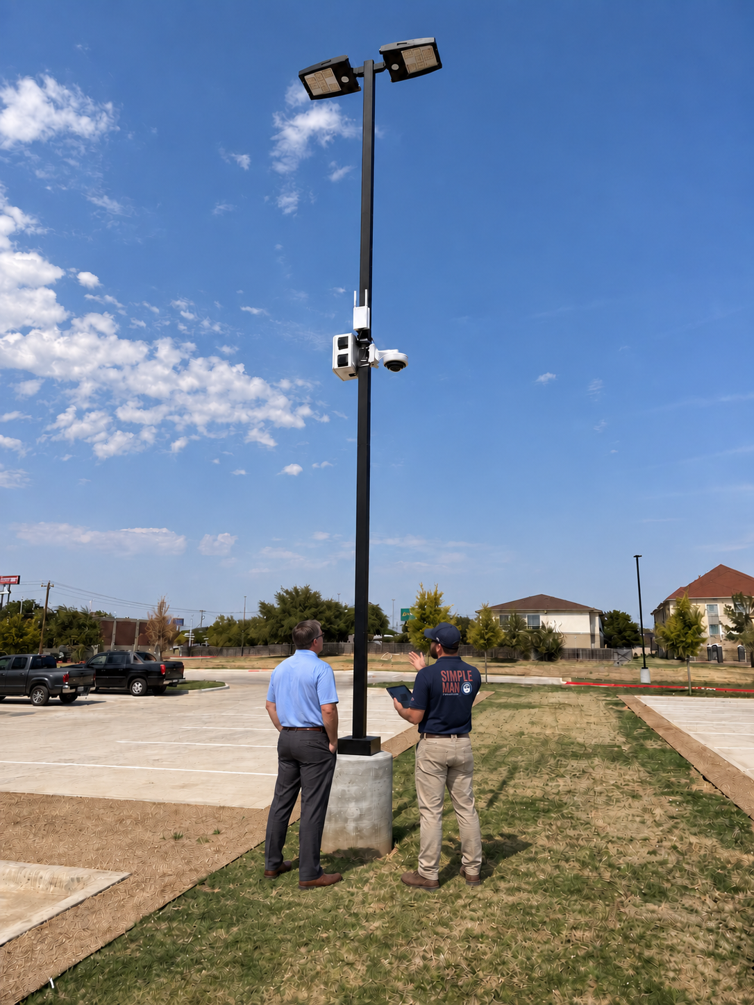 Simple Man technician and IT director discussing a pole-mounted camera installation