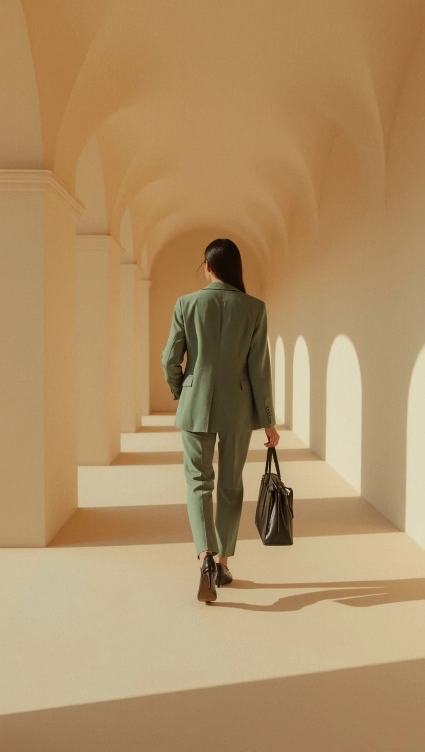 Woman in a sage green suit walking away through a sunlit arched corridor carrying a black leather bag.