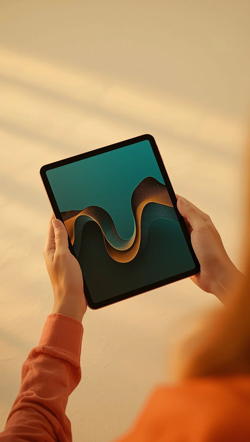 Hands holding a tablet displaying a teal and gold abstract wave graphic.