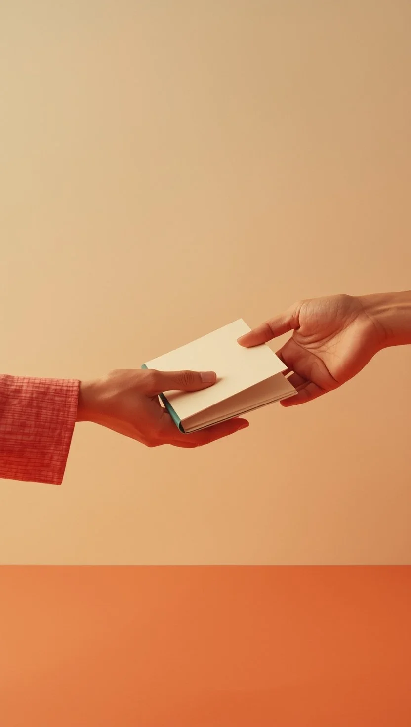 Two hands passing a  notebook between them against a warm beige background.
