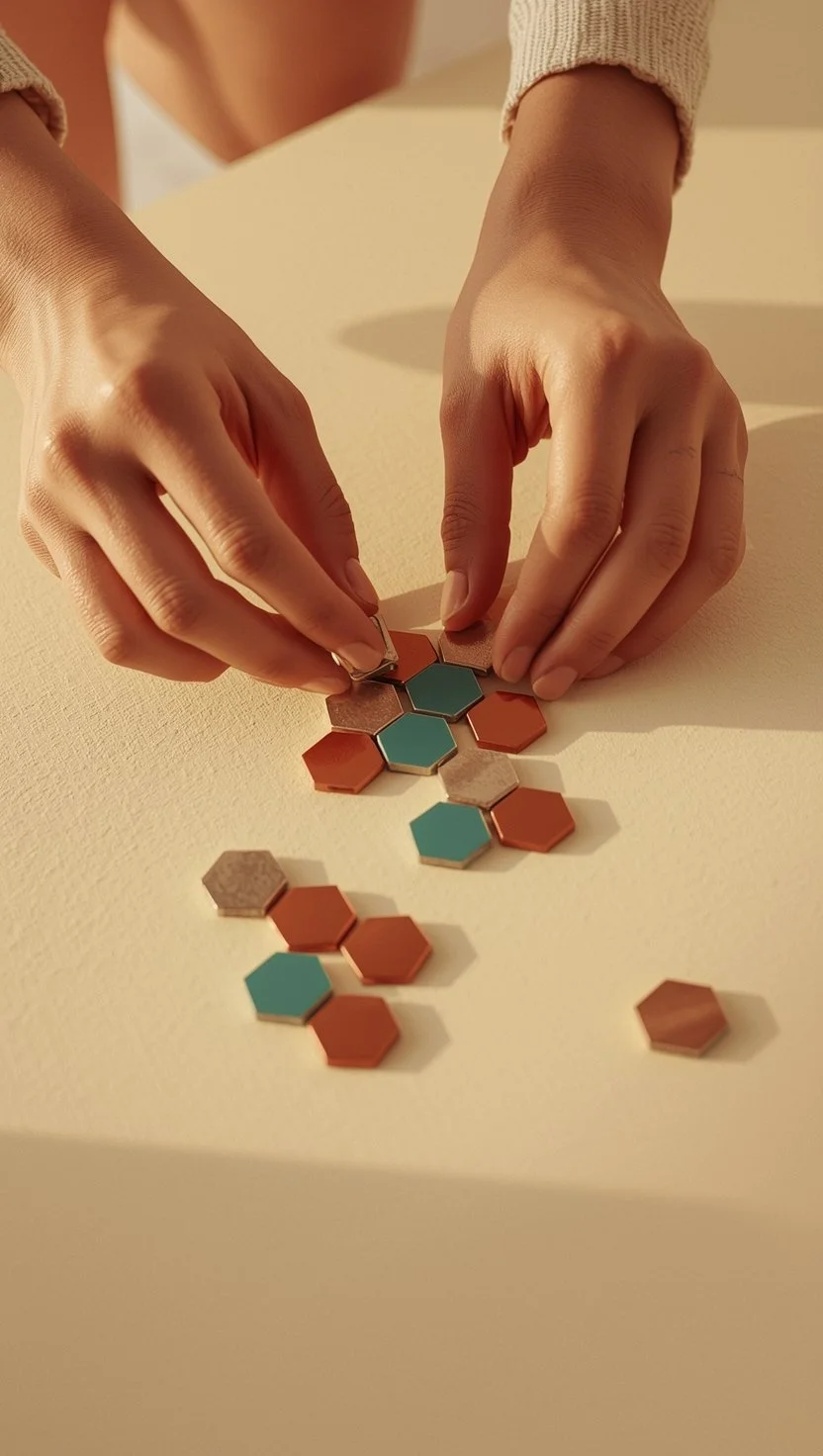 Close-up of hands carefully arranging small hexagonal tiles in a pattern.

