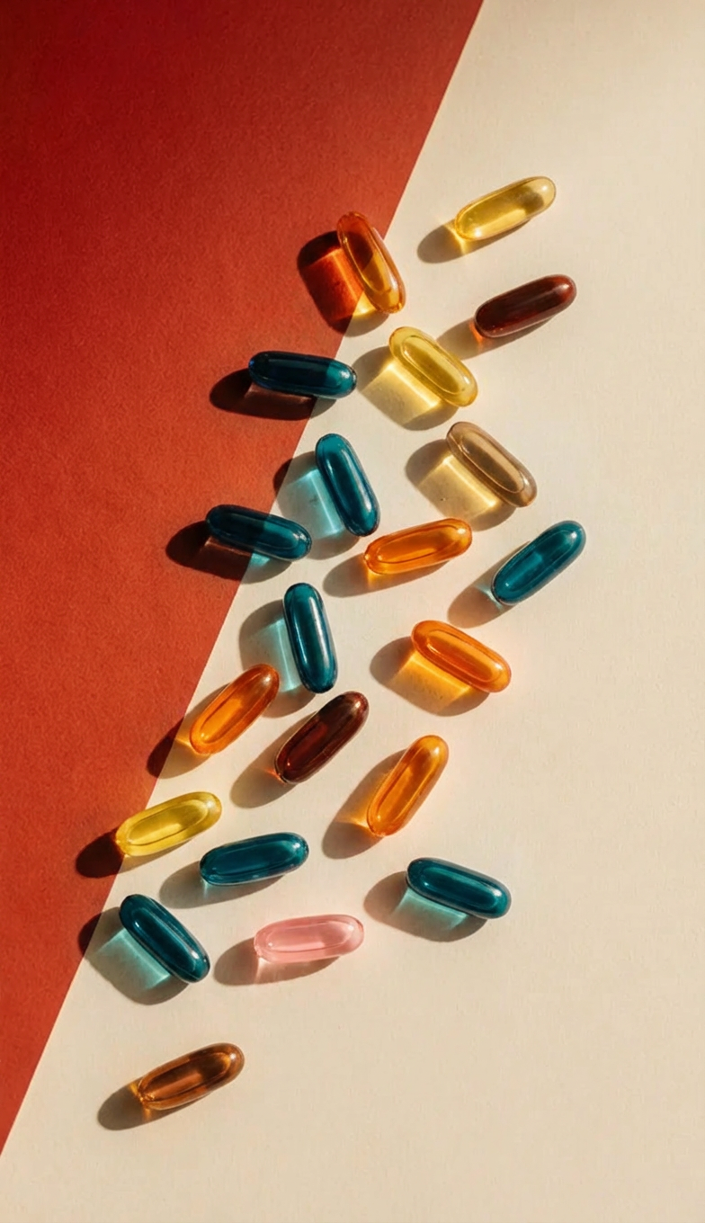 Colorful gel capsules scattered across a surface, casting soft shadows.