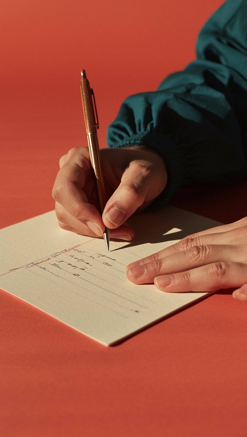 Hands writing a note with a gold pen on a cream notepad.