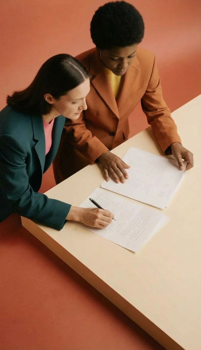 Overhead view of two women in blazers collaborating over documents at a table.