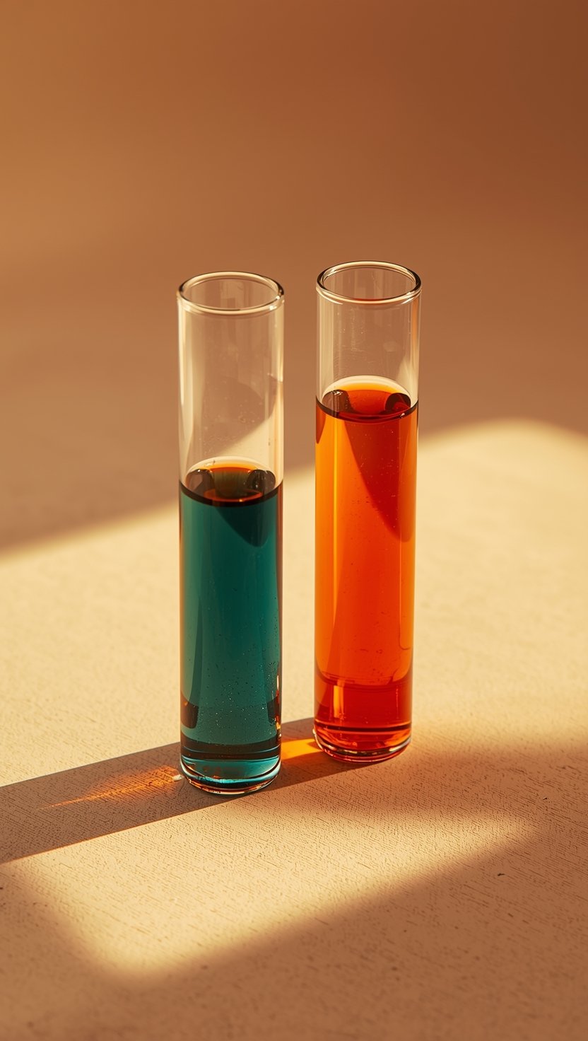 Two glass test tubes side by side in warm light.
