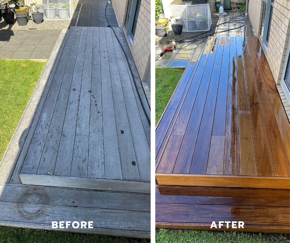 Decking cleaning before and after in Stanmore Bay