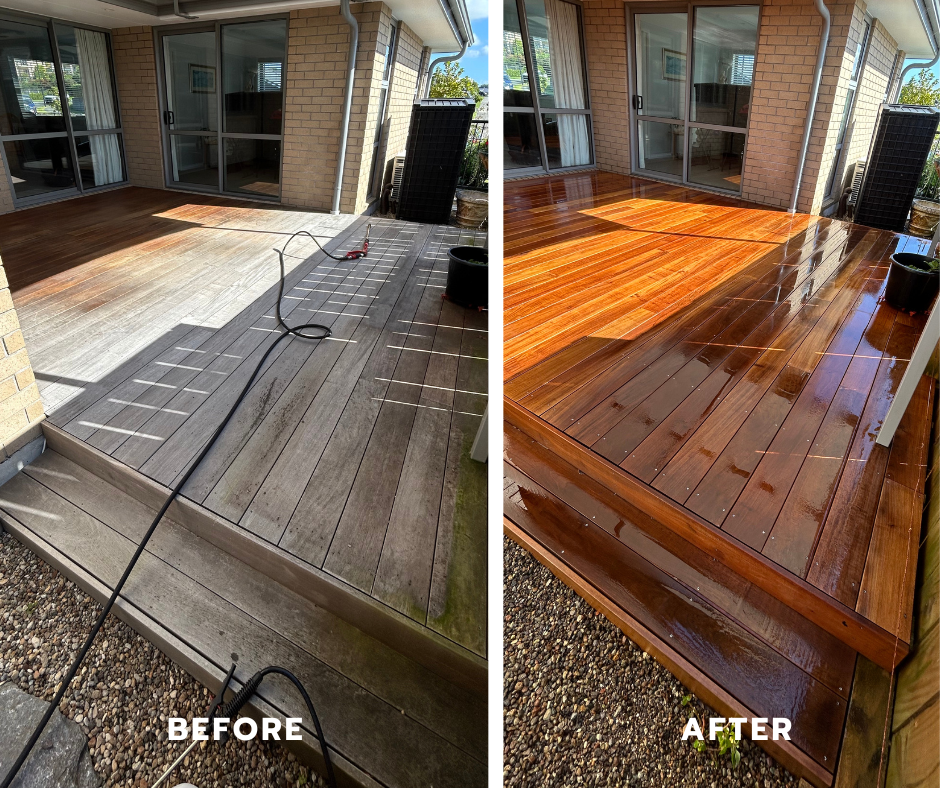 Decking cleaning before and after in Orewa