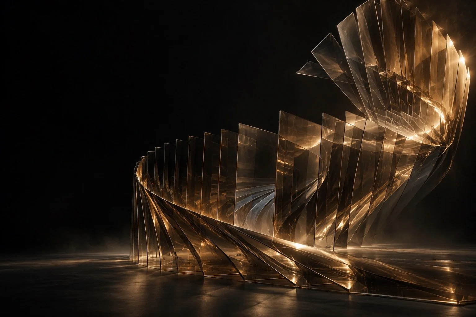An architectural ribbon of glass, illuminated by amber light.