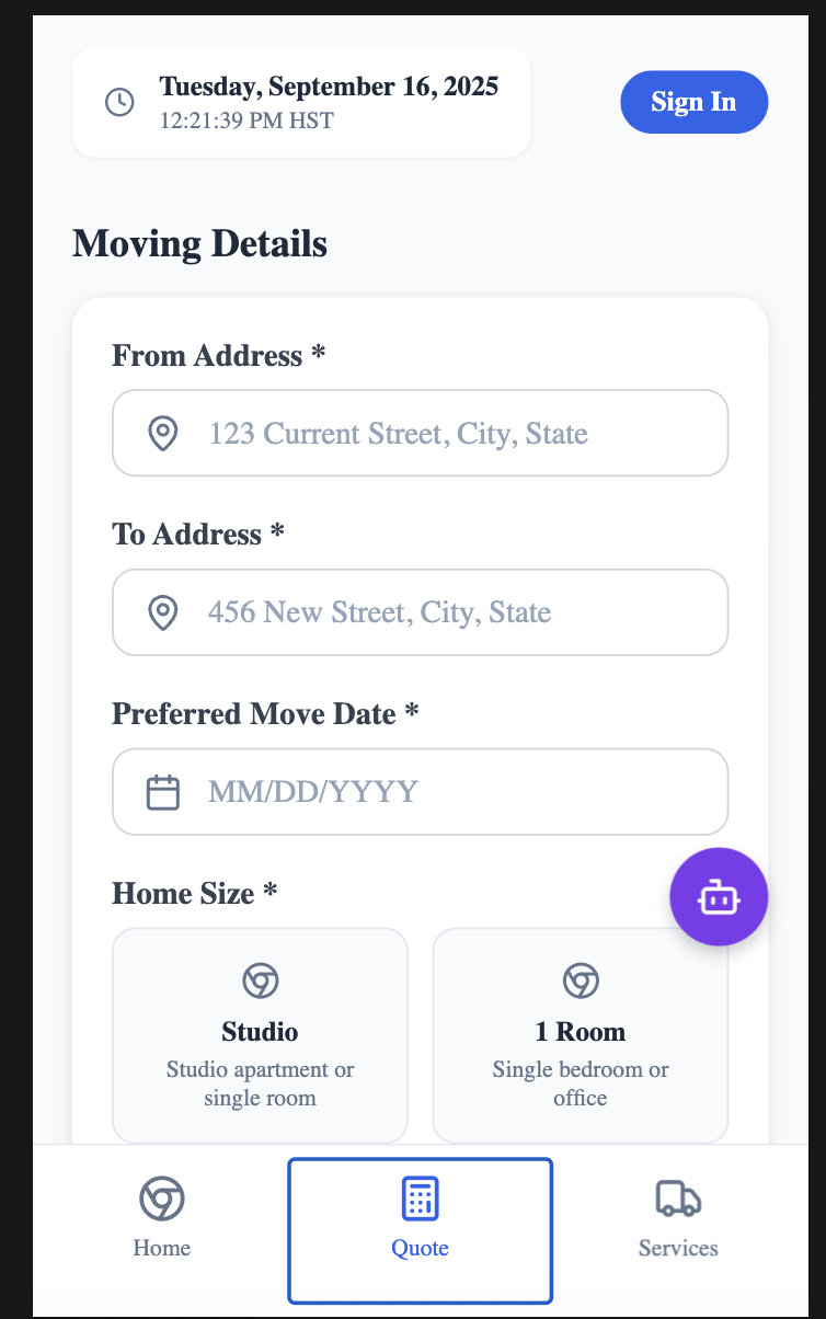 Quote form with from/to address, date, and home size
