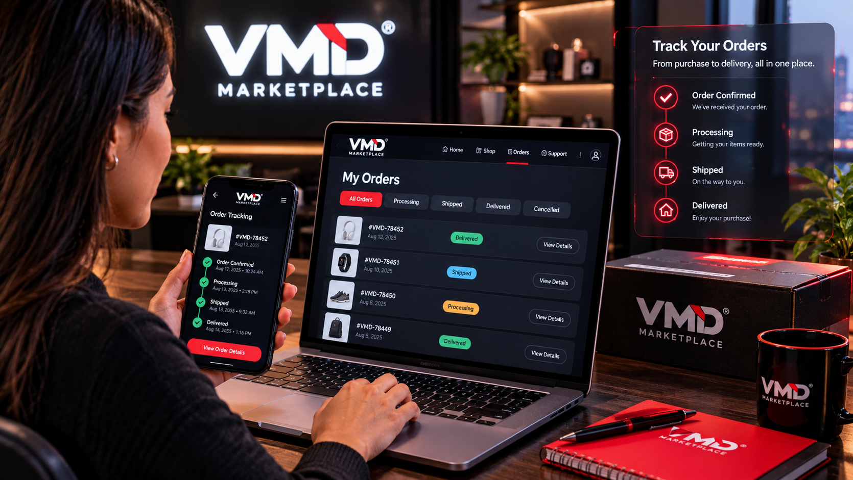 VMD Marketplace order tracking experience for managing purchases from confirmation through delivery