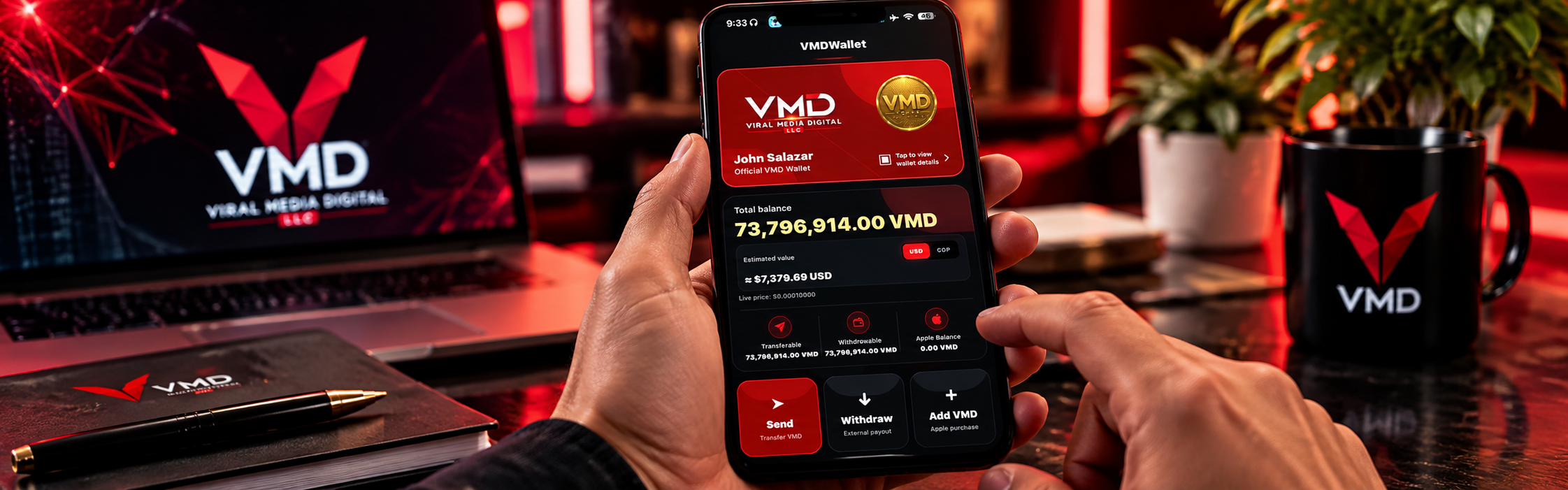 VMD Wallet account dashboard with VMD balance, transfers, withdrawals and account utilities