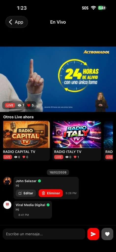 Viral Media Digital Live: interfaz de transmisiones en vivo con chat dentro de la app VMD