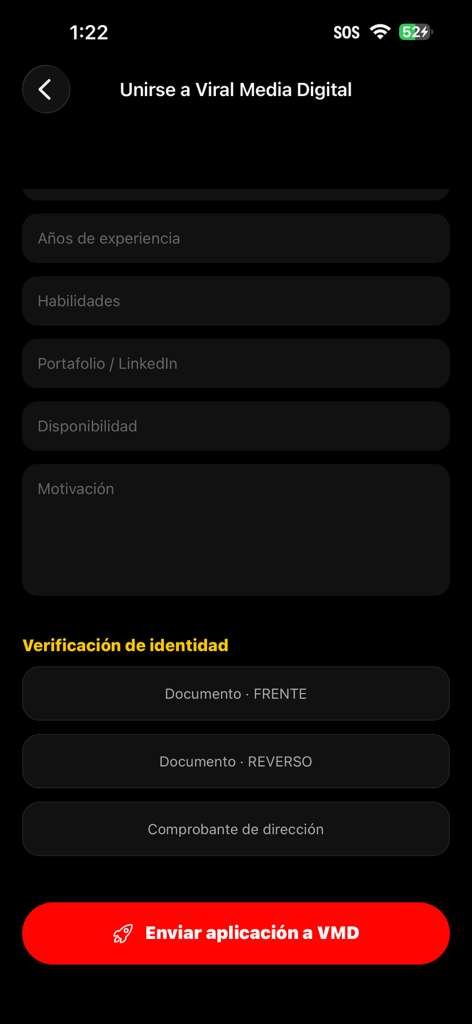 VMD Application para unirse a Viral Media Digital mostrando cabecera del formulario oficial