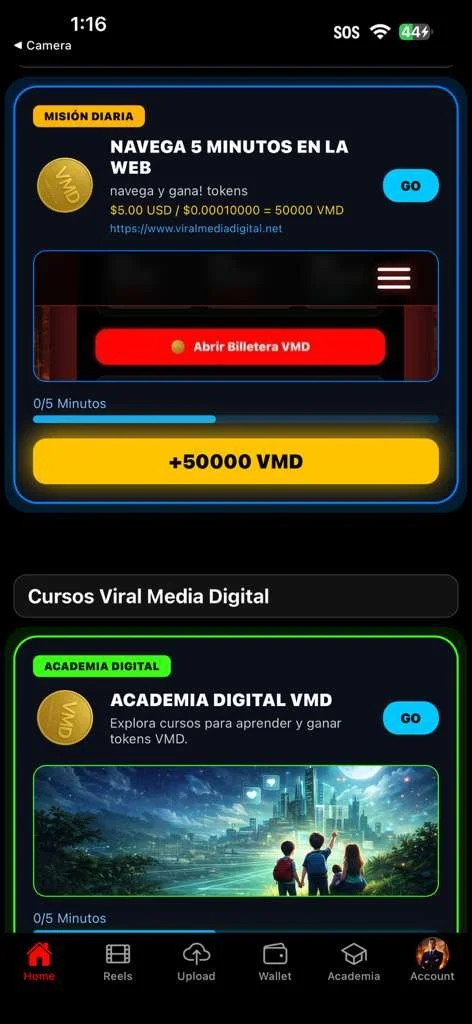 VMD Tasks dashboard en Viral Media Digital con misiones y recompensas en token VMD