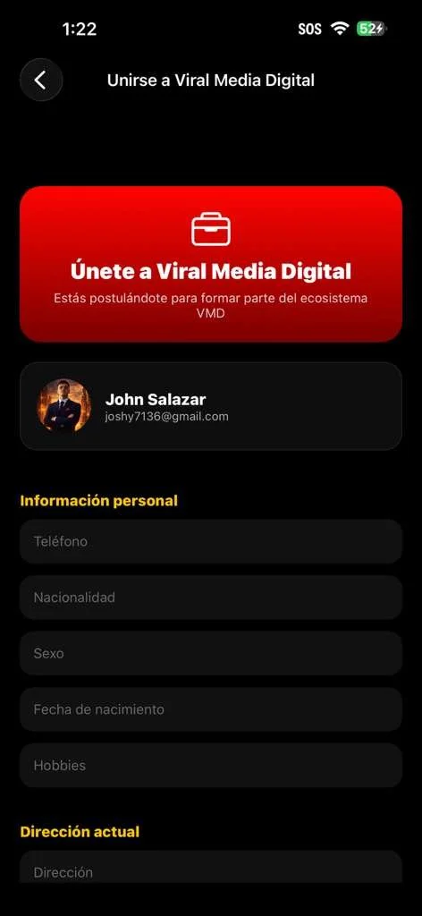 VMD Application: formulario para unirse a Viral Media Digital con experiencia, habilidades y portafolio