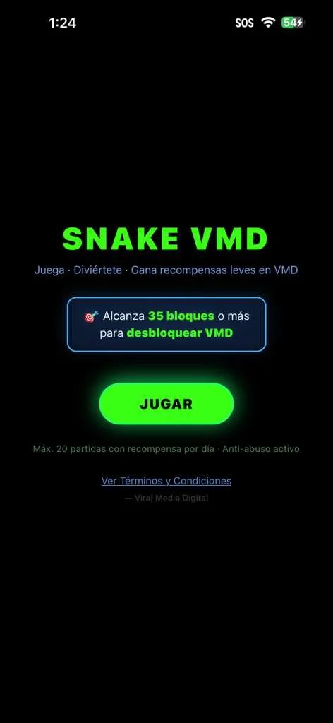 Snake VMD gameplay: tablero y controles dentro de Viral Media Digital App
