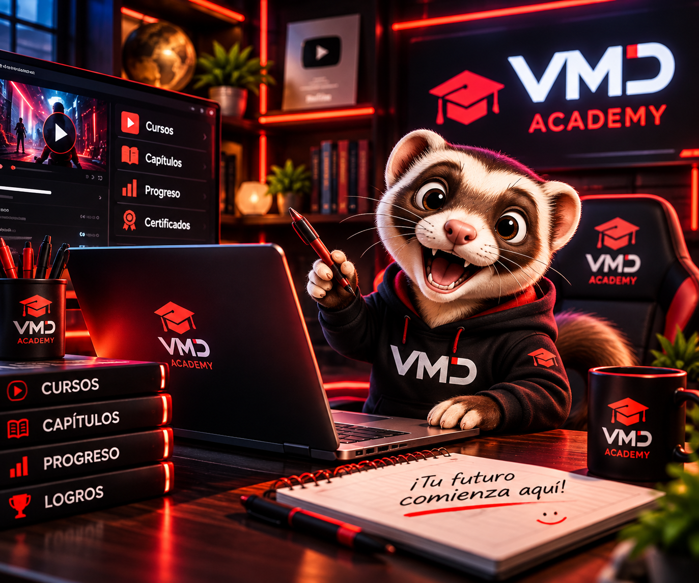 FER, the official VMD Academy mascot, exploring digital learning, courses and educational progress