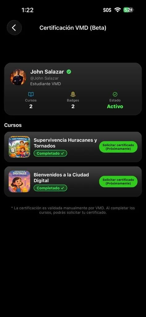 Sistema de certificacion y badges dentro de Viral Media Digital para cursos y logros en VMD