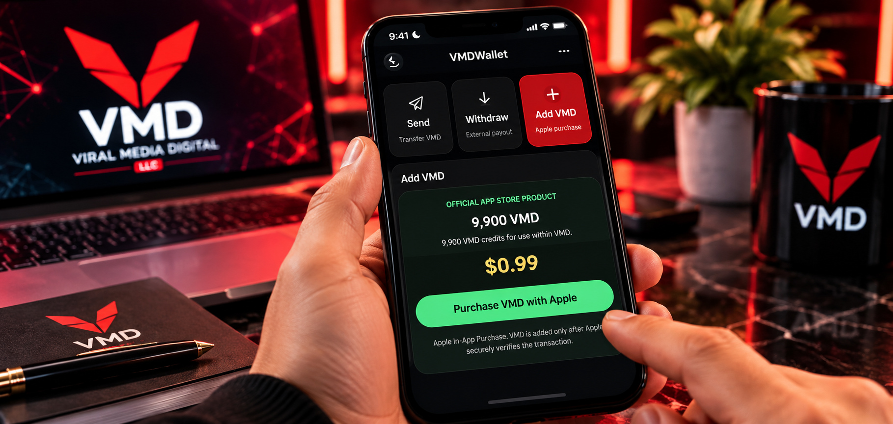 VMD Wallet Add VMD interface showing supported Apple in-app purchase