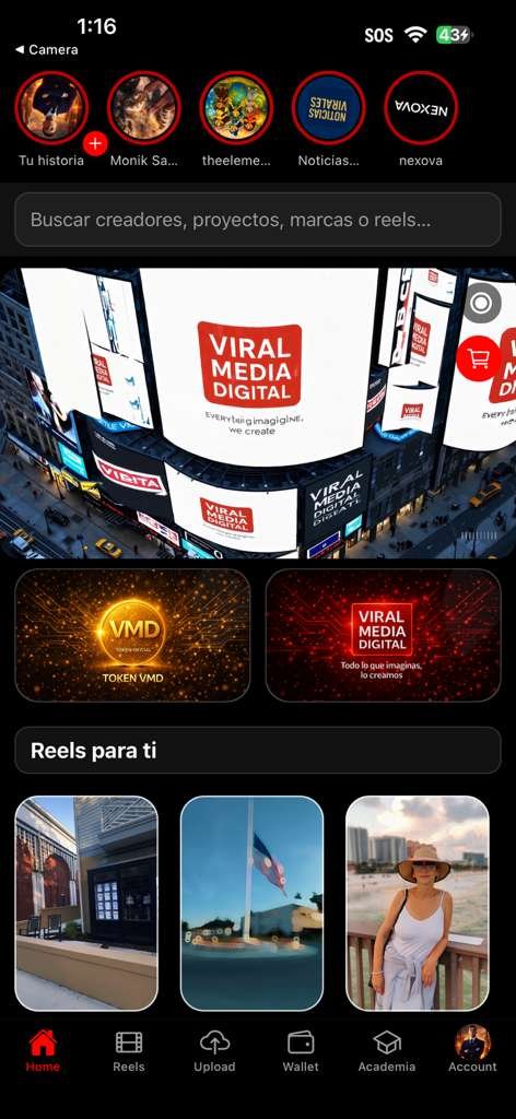 Home feed de Viral Media Digital mostrando reels y dashboard principal