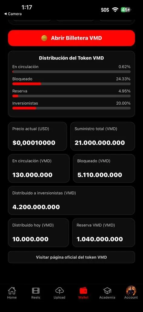 Distribución del Token VMD mostrando supply y métricas dentro de Viral Media Digital
