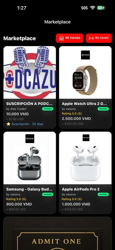 Viral Media Digital Marketplace VMD mostrando productos verificados y tiendas dentro de la app