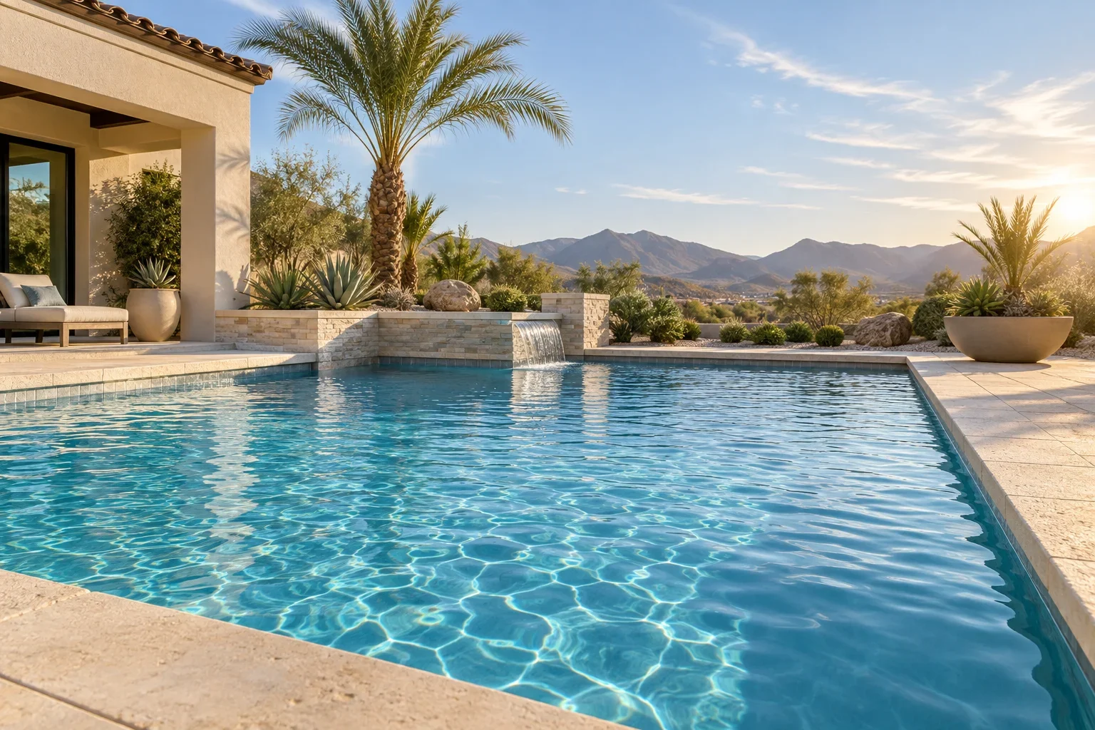 Illustrative sunlit pool with clear blue water in a desert backyard