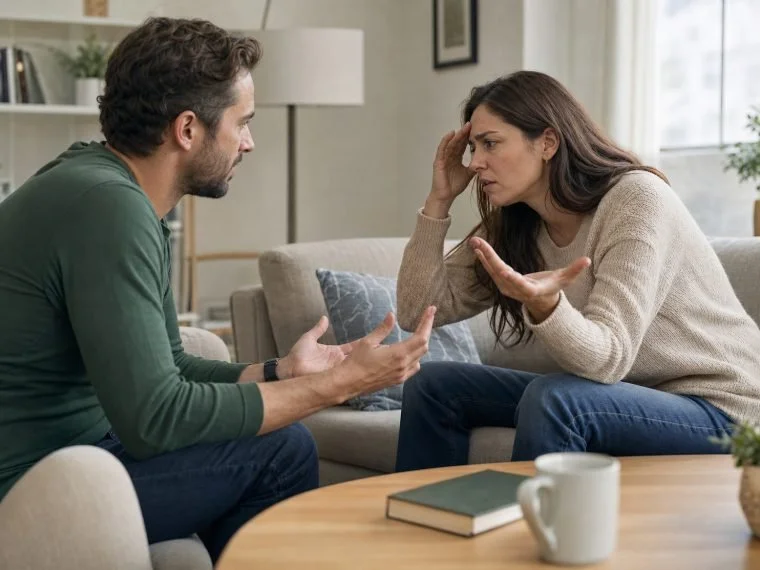 Couple in a tense conversation showing stress-driven emotional reactivity