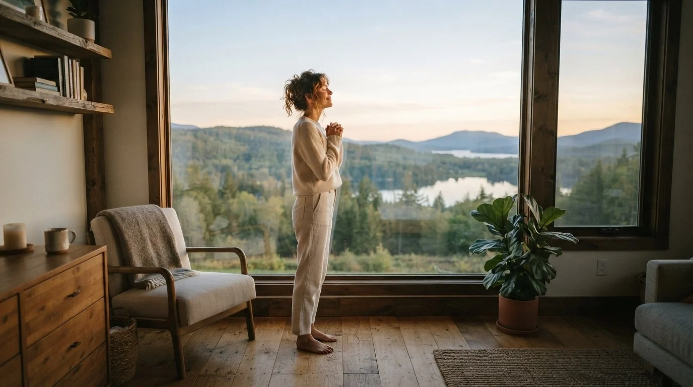 Woman standing barefoot by a large window overlooking a lake and hills at sunset, eyes closed and hands together as she breathes calmly
