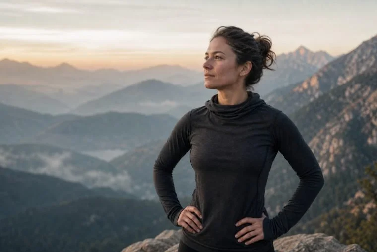 Resilient woman standing calmly on a mountain at sunrise after building emotional resilience