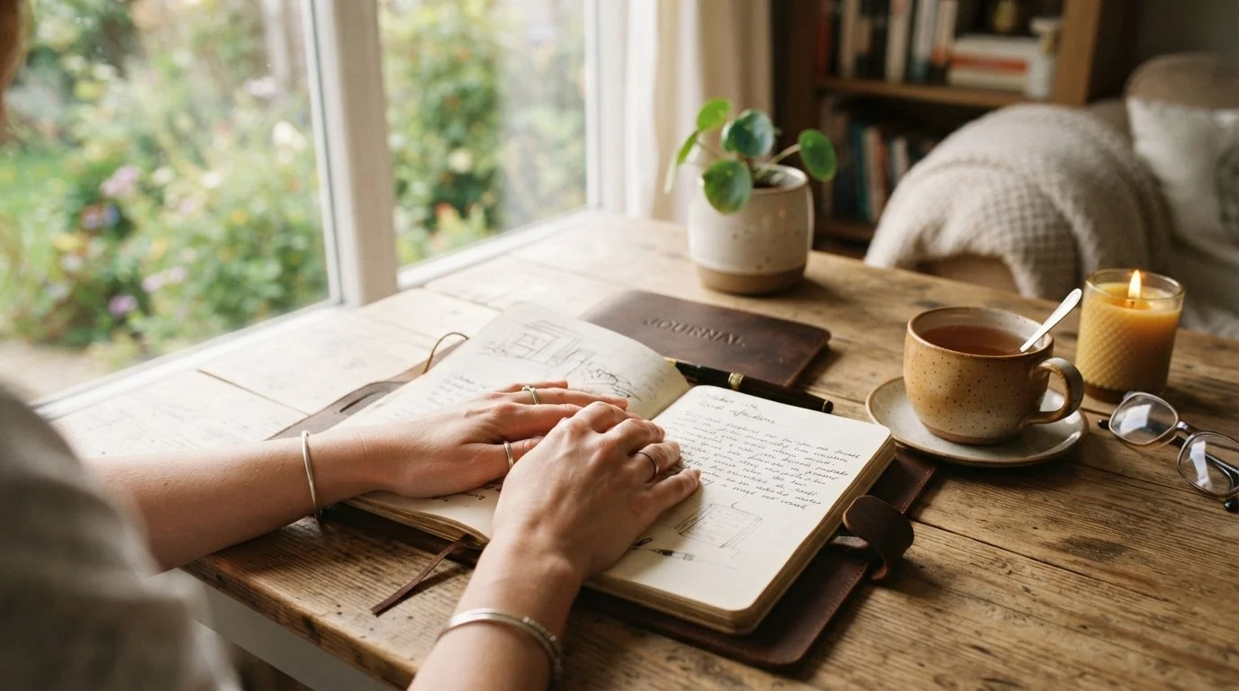 Hand resting on a wooden table beside a sunlit window in a quiet, calm space