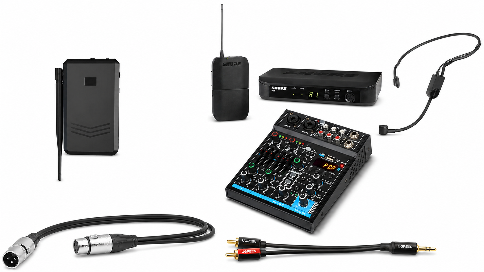 Silent disco headphone accessories, transmitter, and cables included in the rental