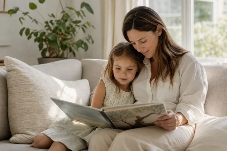 Mother fully present and connected with her child while reading together