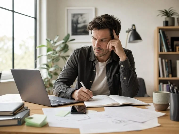 Entrepreneur at a desk struggling with scattered focus and concentration under pressure