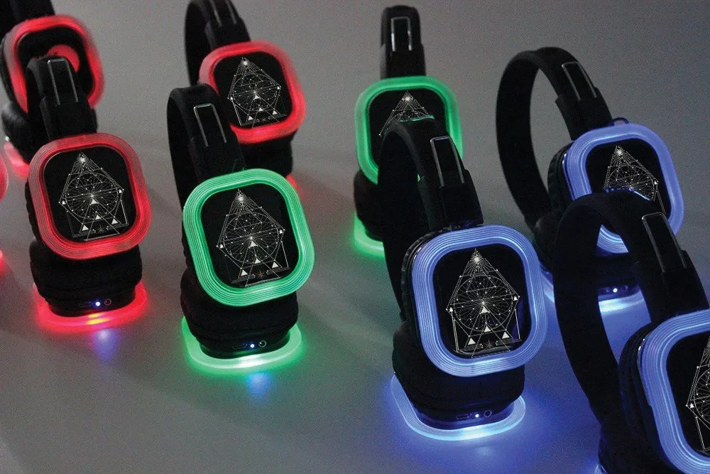 Close-up of wireless silent disco headphones available to rent in Orlando