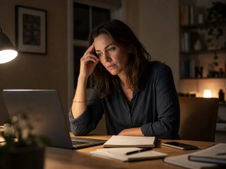 Overwhelmed professional working late at night, unable to switch off from stress